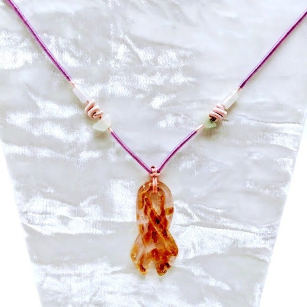 RIBBON PENDANT*PINK LAMPWORK GLASS *BREAST CANCER AWARENESS NECKLACE